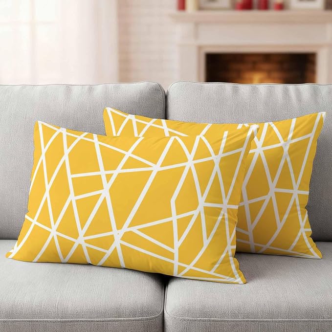 Outdoor Pillow Covers Waterproof, Yellow Geometric Decorative Rectangle Throw Pillowcases Patio Cushion Covers for Tent/Garden, 20" x 12" 2 Pack, Abstract Stripes Modern Minimalist