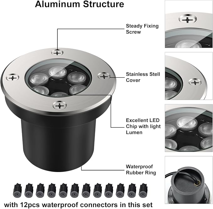 JESLED Outdoor Landscape Lights, Low Voltage In Ground Well Lights, 6 Pack | 3000K Warm White, 6W LED, 12V/24V, IP67 Waterproof, 5-Ton Pressure Resistant & 90° Beam for Driveway Decks Step Garden