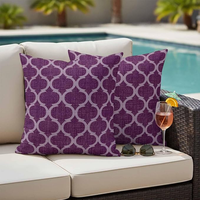 Dark Purple Moroccan Outdoor Pillow Covers 16x16 Inch Throw Pillow Covers Set of 2 Waterproof Decorative Pillow Cases Country Abstract Quatrefoil Lattice Cushion Covers for Patio Furniture Garden