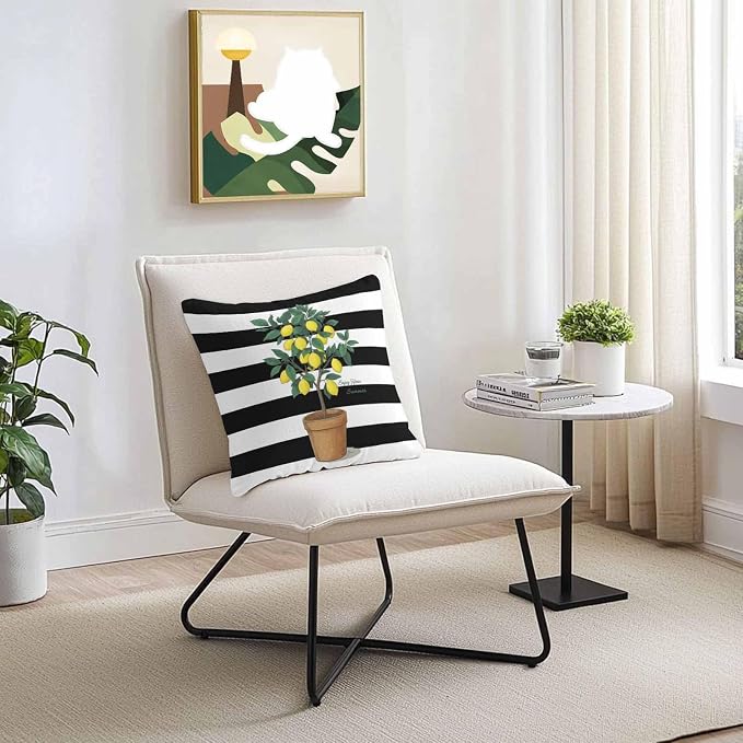 Summer Lemons Outdoor Waterproof Pillow Covers Set of 2, Yellow Fruit Leaf Black White Striped Abstract Pillowcase Decorative Throw Cushion Cases for Patio Garden Couch 24 x 24 Inches