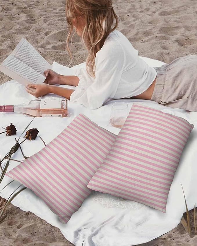 Outdoor Waterproof Throw Pillow Covers Set of 2 Pink Stripes Lumbar Pillowcases 20x12 Inches Linen Classic Vertical Striped Patio Decorative Pillows Cushion Case Patio Pillows for Couch Bed Garden