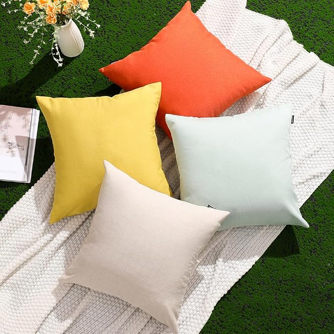 WEMEON Outdoor Waterproof Pillow Covers20x20in Set of 4, Solid Color Pillows Decorative Square Patio Furniture Pillows for Couch Patio Balcony Tent Garden(Orange/Teal/Beige)
