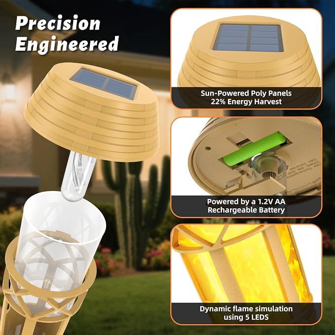 Solar Outdoor Lights – Torches with Flickering Flame for Garden Decor, Waterproof Garden, Outdoor Patio & Pathway Yard Decorations with Flame Torches - 4 Pack