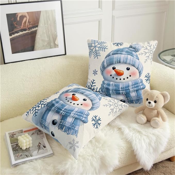 Lovely Blue Snowman Pillow Covers Winter Throw Pillow Case 18x18 Set of 2 Snowflakes Pillowcase Holiday Cushion Case for Living Room Bedroom Couch Sofa