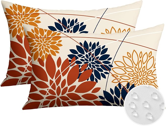OTOSTAR Outdoor Orange Dark Blue Pillow Covers 12x20 Inch Set of 2 Flower Throw Pillows Farmhouse Geometric Dahlia Floral Lumbar Cushion Case Waterproof Decor for Sofa Patio Funiture Garden