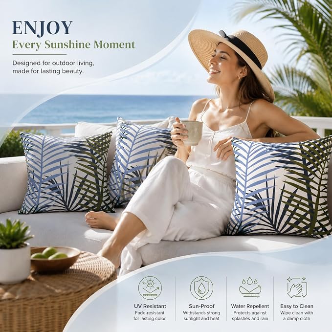 2pcs Outdoor Decor Pillows, Insert and Cover, Waterproof & Fade-Resistant Patio Couch Cushions for Garden, Porch, Poolside Sofa (Bamboo Leaf, 18x18in)