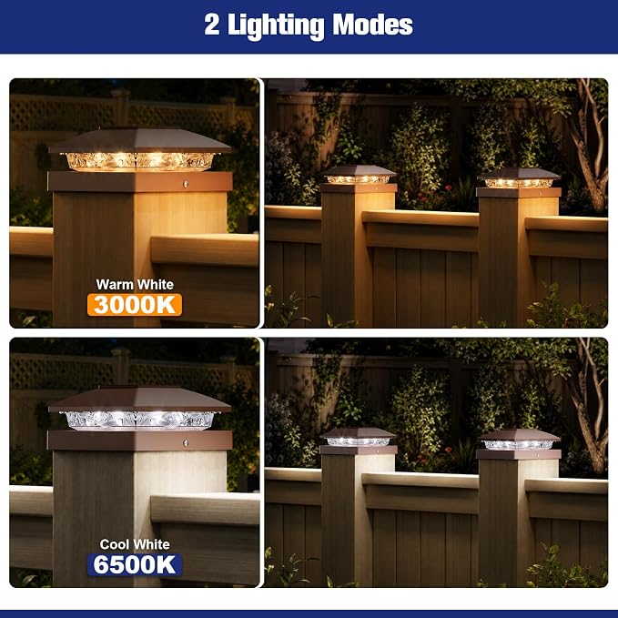 APONUO Solar Post Cap Lights for 4x4 Posts - IP64 Waterproof, Warm/Cool White, Wireless Fence Lights & Deck Lights for Patios, Gardens, and Yards, Brown,16 Pack