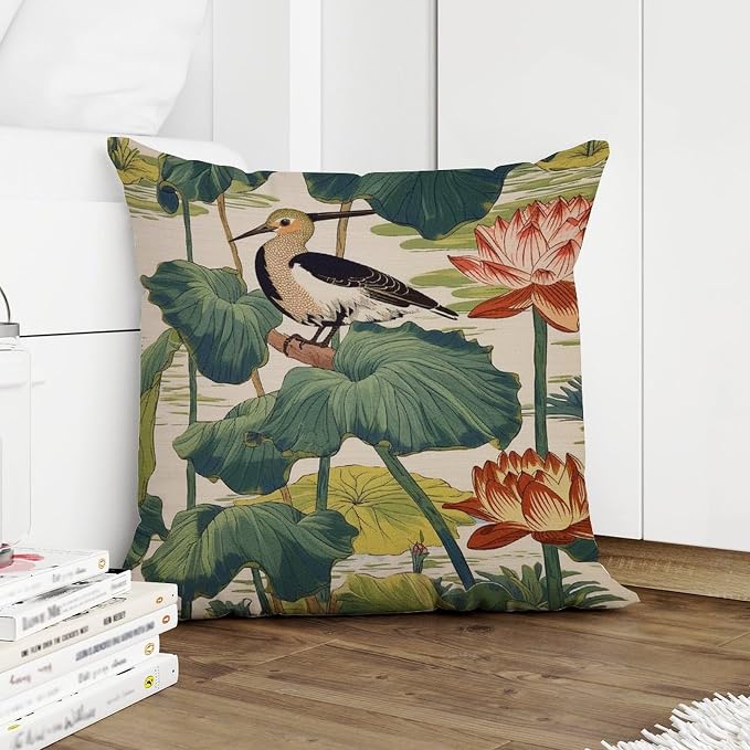 Nympheus Pistachio Outdoor Cushion Cases Lotus Pond Bird Throw Pillow Cover Accent Waterproof Throw Pillow Covers for Patio Furniture Tent Garden 22x22 in