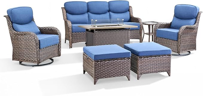 Luxury Patio Furniture Set with 6-inch Thick Cushion, Outdoor Furniture with Fire Pit Table, Swivel Chairs, Sofa, Side Table, Ottomans, 7pcs Wicker Conversation Set(Brown Wicker/Blue Cushion)