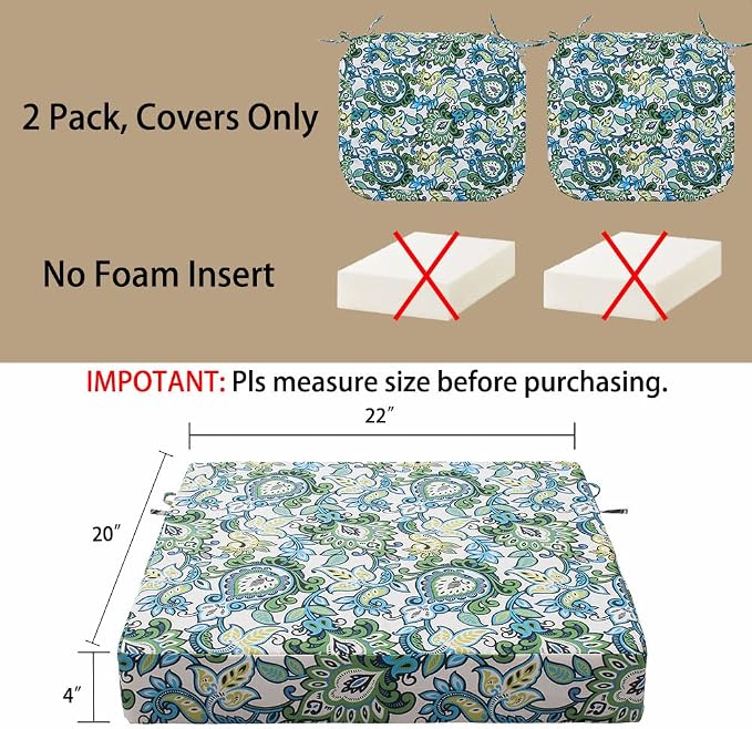 Magpie Fabrics Indoor Outdoor Cushion Cover Replacement 2 Pack, NO Insert! Water Repellent Slipcover with Ties Decor for Patio Garden Chair Seat Sofa Bench Wicker(Botanical Blue Green, 22x20x4 Inch)