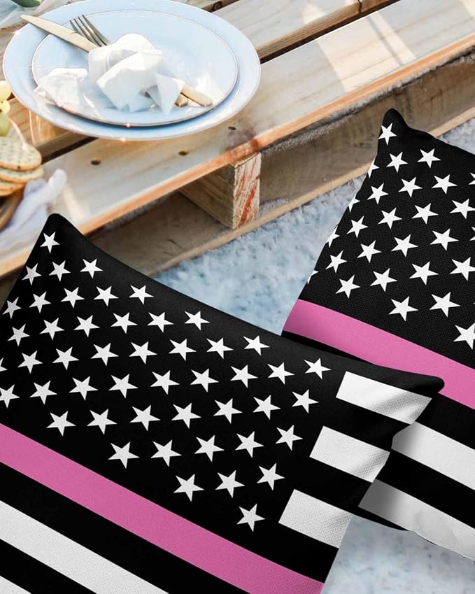 Outdoor Waterproof Pillow Covers Set of 2, Thin Pink Line Breast Cancer Awareness Women USA American Flag Patio Throw Pillow Covers, Decorative Cushion Case for Couch Sofa Furniture Garden, 20x20 Inch