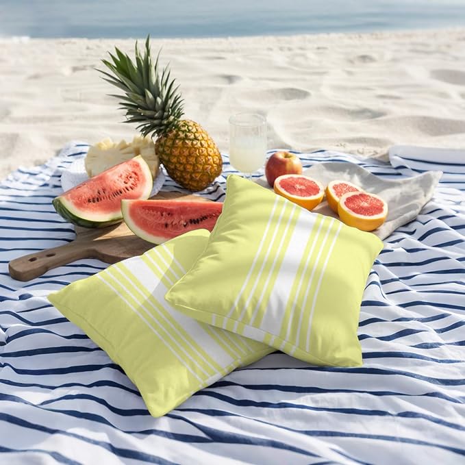 Yellow White Stripe Outdoor Pillow Covers 20x20 Inch Throw Pillow Covers Set of 2 Waterproof Decorative Pillow Cases Modern Rustic Vertical Striped Cushion Covers for Patio Furniture Garden Couch Sofa