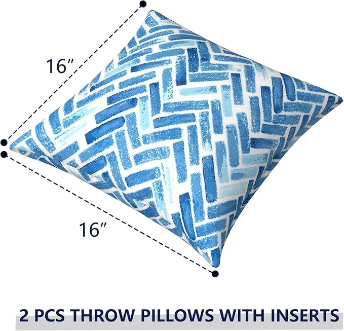 Outdoor Pillows for Patio Furniture 16x16 inch, Square Outdoor Throw Pillows with Inserts, Decorative Patio Pillows for Garden Couch Home Sofa Office Chair, Pack of 2, Blue Bricks