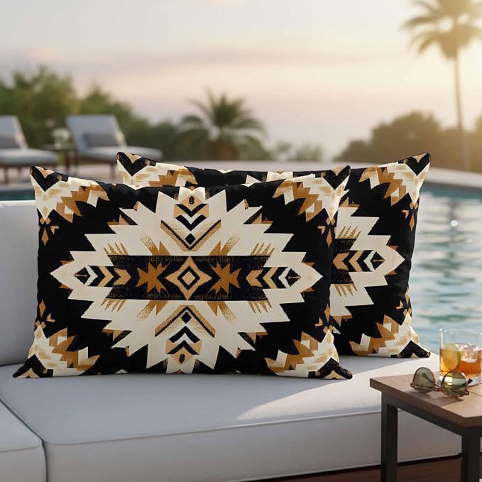 Southwestern Aztec Outdoor Pillow Covers 20x12 Inch Lumbar Pillow Covers Set of 2 Waterproof Decorative Throw Pillow Cases Retro National Style Brown Abstract Cushion Covers for Patio Furniture Garden