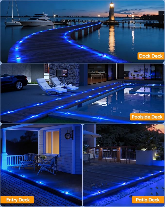 DetarZinLED Blue Solar Dock Lights for Outside IP68 Waterproof Led 8 Pack | Sturdy PC Shell, Stick on & Screw Mount, Markers Light for Outdoor Deck, Driveway, Step, Walkway, Path, Sidewalk, Patio, pool