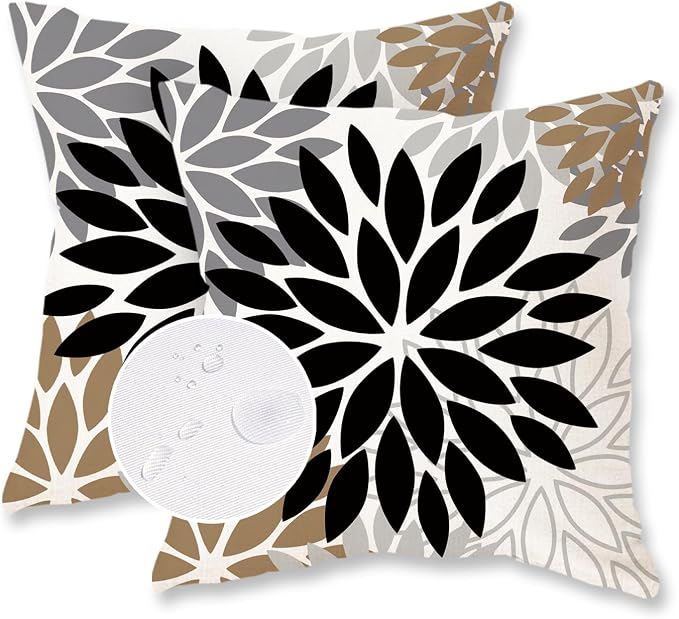 TAJWE Outdoor Pillow Covers 18x18 Set of 2 Waterproof Spring Summer Decorative Throw Pillows Black Geometric Cushion Cases for Patio Furniture Porch Sofa Couch Decor