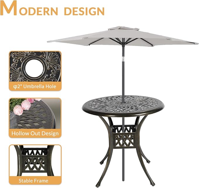 3-Piece Outdoor Patio Dining Set, All-Weather Cast Aluminum Patio Furniture Set for Backyard Garden Deck with 2 Cushioned Chairs and 31” Round Table, 2" Umbrella Hole