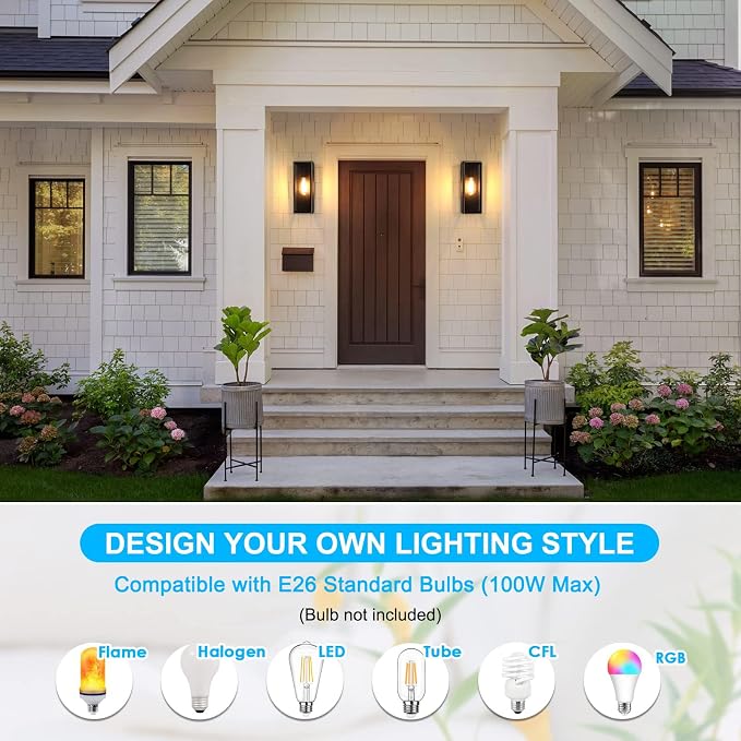 VerRon Outdoor Wall Light Fixtures, Modern Exterior Wall Lanterns, 2-Pack | Black with Gold Trim, Anti-Rust E26 Modern Lighting Fixtures Waterproof with Clear Glass Shades for Patio Garage Front Door
