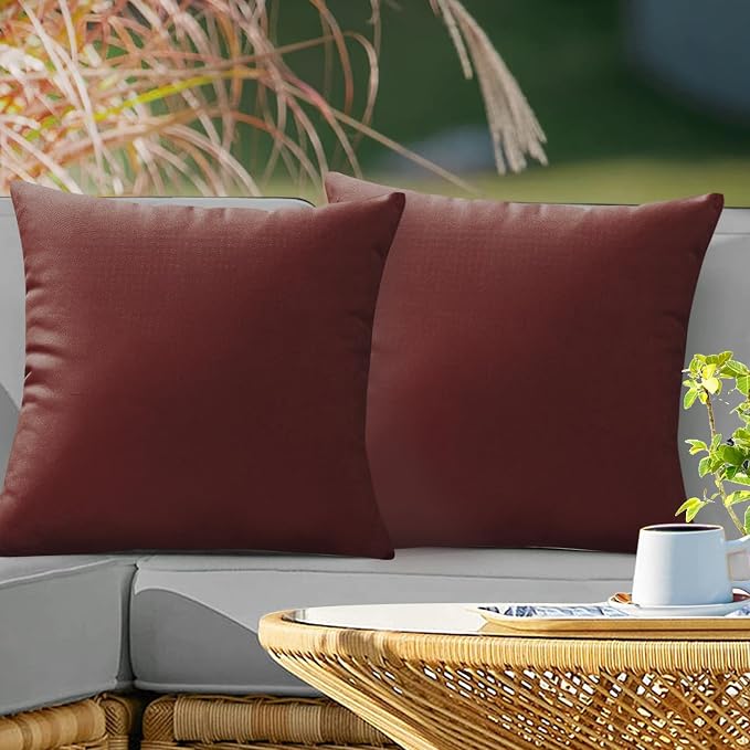 VAKADO Outdoor Waterproof Throw Pillow Covers 16X16 Set of 2 Decorative WineRed Patio Furniture Cushion Cases Outside Decor for Couch Garden Bench Porch
