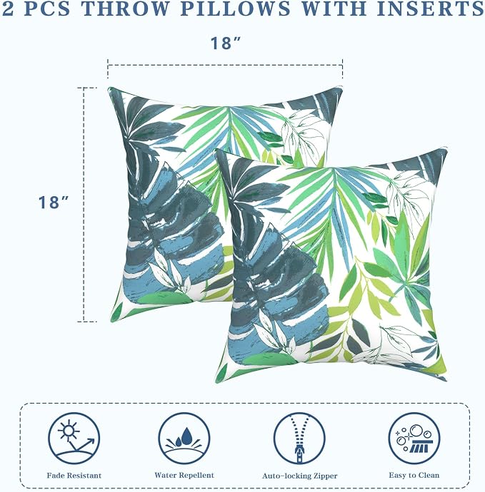 LVTXIII Outdoor/Indoor Throw Pillows, Decorative Throw Pillows with Inserts, 18"x18" Square Pillows for Bed, Couch, Sofa and Patio Furniture (Set of 2, Islamorada Blue Green)
