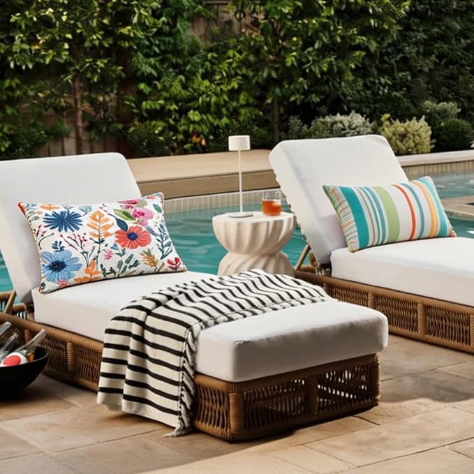 Adabana Outdoor Waterproof Pillow for Chaise Lounge Chair 2 Pack Floral Stripe Headrest Pillow Lumbar Adjustable Strap 12 x 16 Inch for Beach Poolside Patio Office Patio Garden,Stripe