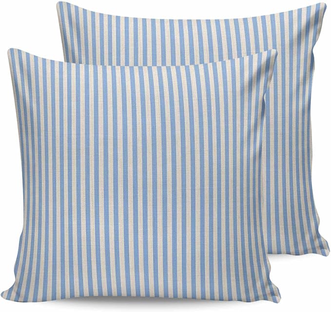 Outdoor Waterproof Throw Pillow Covers Set of 2 Blue Stripes Pillowcases 18x18 Inches Linen Classic Vertical Striped Patio Decorative Pillows Cushion Case Patio Pillows for Couch Bed Chair Garden