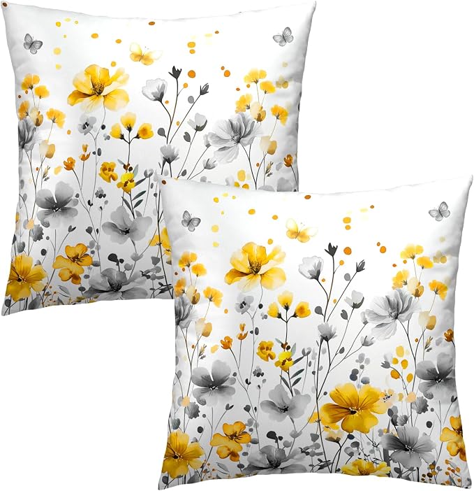 Watercolor Wildflowers Pillow Covers 16x16 Inch, Set of 2 Grey Yellow Spring Summer Blossom Floral Square Pillowcases Cotton Cushion Cover for Living Room Bed Sofa Home Decor
