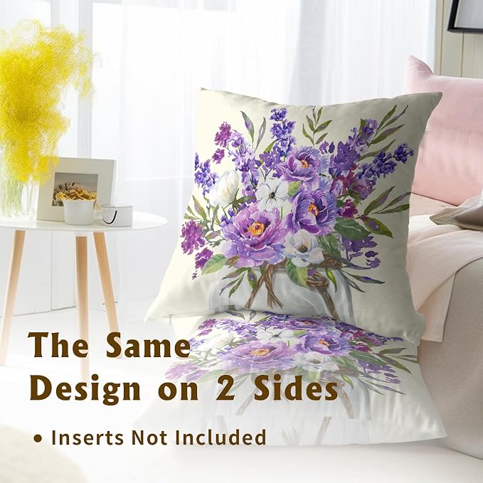 Lavender Flowers Throw Pillow Case 20x20 Set of 2 Purple Blooming Floral Rustic Farmhouse Cotton Linen Square Cushion Cover Decorative Pillowcase for HOM Office Couch Sofa Chair