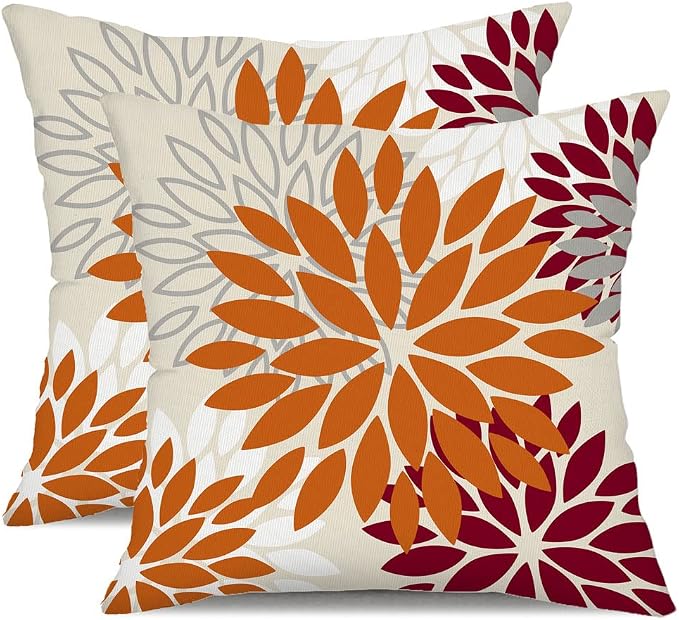 DFXSZ Outdoor Waterproof Pillow Covers 20x20 Set of 2 Orange WineRed Flower | Spring Summer Waterproof Flower Throw Pillowcases（No Inserts）Outdoor Decor for Fall Patio Funiture Garden Polyester Covers