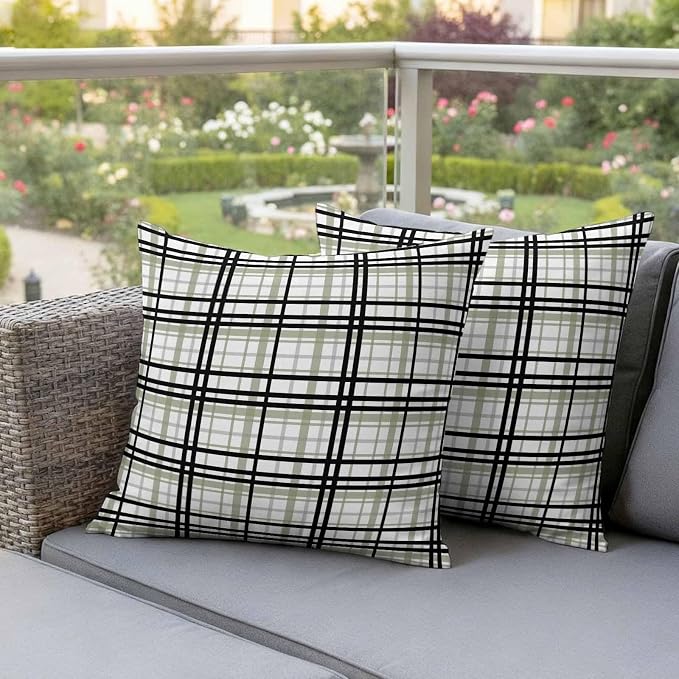 Abstract Stripes Outdoor Pillow Covers Set of 2 Sage Green Black Grey Plaid Waterproof Throw Pillow Cover Decorative Cushion Cases for Patio Porch Garden 16X16 Inch