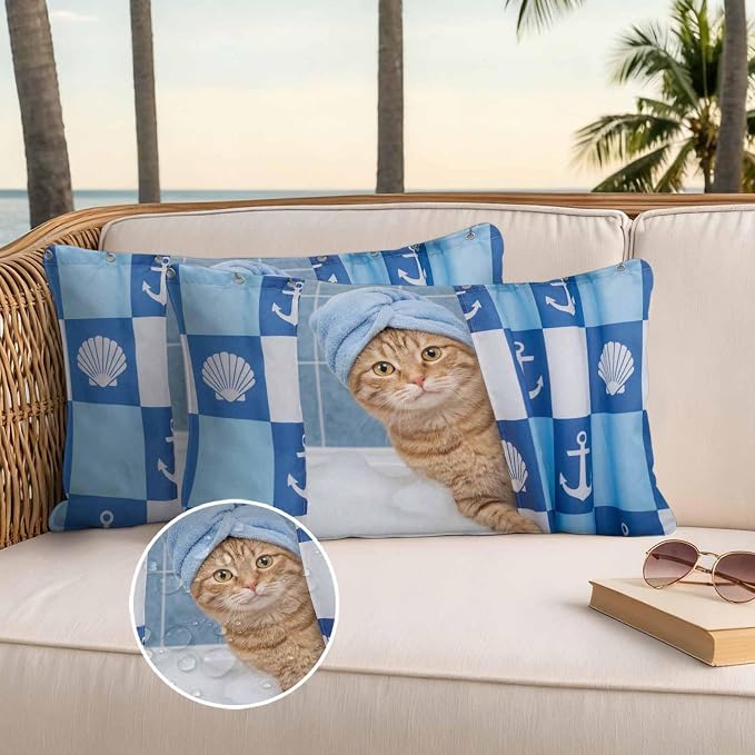 Bathing Cat Waterproof Outdoor Pillow Covers Set of 2 Home Decor, Funny Animal Showering Lumbar Pillowcase Patio Pillow Covers for Couch Bench Patio Furniture Garden 20x12in