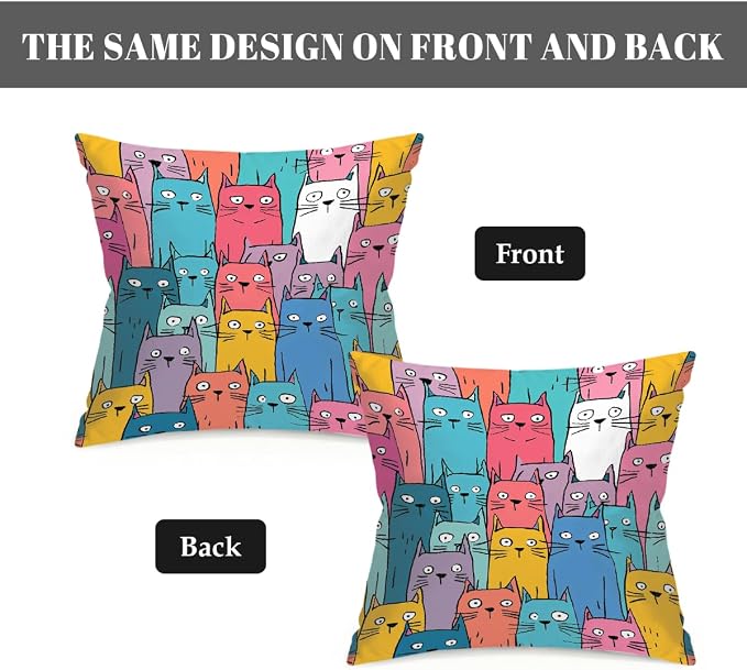 16x16 Inch Outdoor Pillow Covers Set of 2 Waterproof Throw Pillow Covers Decorative Couch Cushion Covers Colorful Cats Pattern Square Pillowcases Protectors for Patio Garden Sofa