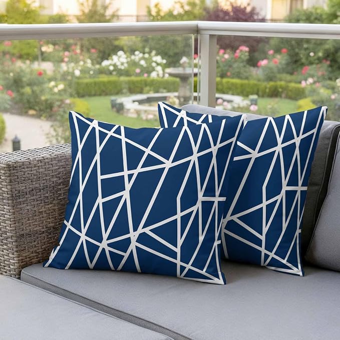 Outdoor Pillow Covers Waterproof, Nave Blue Geometric Decorative Square Throw Pillowcases Patio Cushion Covers for Tent/Garden, 24" x 24" 2 Pack, Abstract Stripes Modern Minimalist