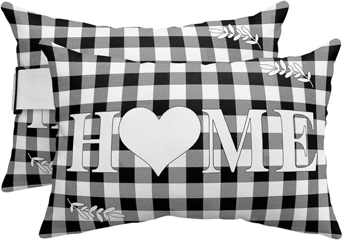 Indoor|Outdoor Waterproof Pillow Case Set of 2 - Windproof Pillow Covers with Adjustable Elastic Band Home Love Black White Checkered Plaids Pillowcase for Couch Cushion Patio Furniture 11"x16"