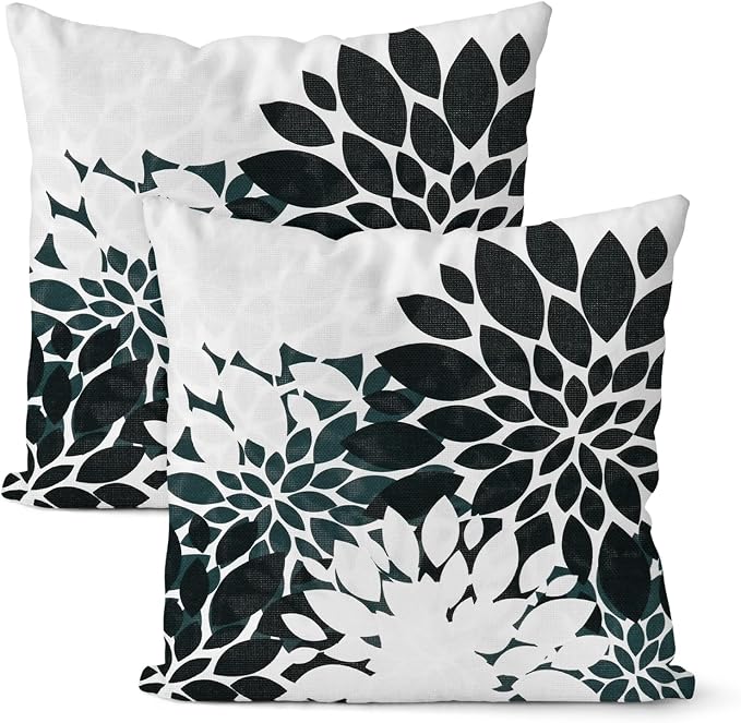 M METERXITY 2-Pack Pillow Cover 20x20 Linen, Black White | Water Resistant Floral Decor Slipcover, for Patio, Balcony, Garden, Outdoor Pillow Case