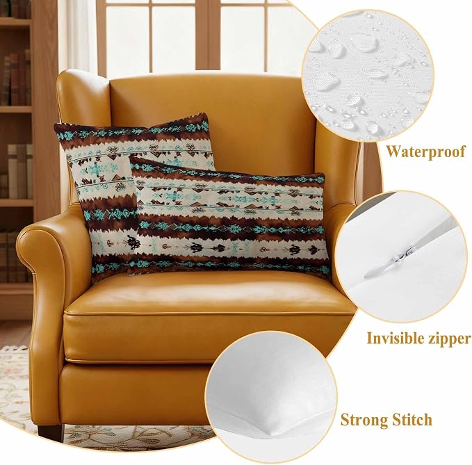 Western Aztec Outdoor Pillow Covers 16"x16" Set of 2, Brown Turquoise Tribal Ethnic Geometric Waterproof Throw Pillow Covers for Patio Furniture, Decorative Cushion Covers for Porch