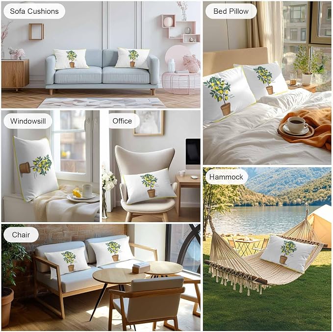 Summer Yellow Lemons Outdoor Waterproof Pillow Covers Set of 2, Green Leaf Botanical Garden Frame Pillowcase Decorative Throw Cushion Cases for Patio Garden Couch 20 x 12 Inches