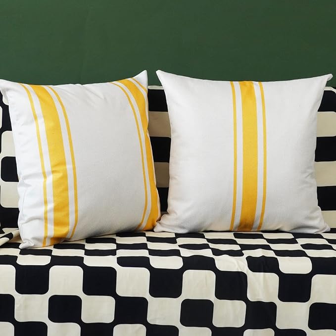 ONWAY Outdoor Pillow Covers Waterproof 20x20 Set of 2 Decorative Linen Throw Pillow Cover Beige and Yellow Striped Outdoor Pillows for Patio Furniture