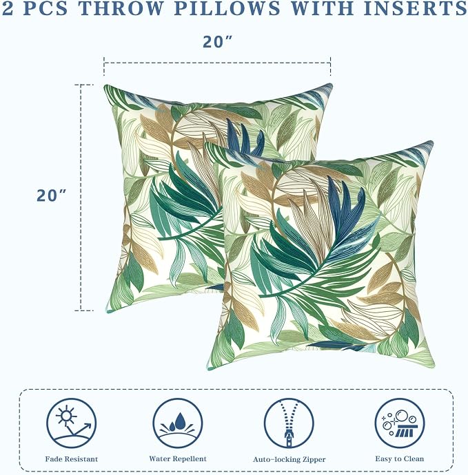 LVTXIII Outdoor Pillows 20x20 Inch, 2 Pack Large Decorative Square Throw Pillows with Inserts for Couch, Bed, Floor Seating, Patio Furniture, Lush Leaf Green