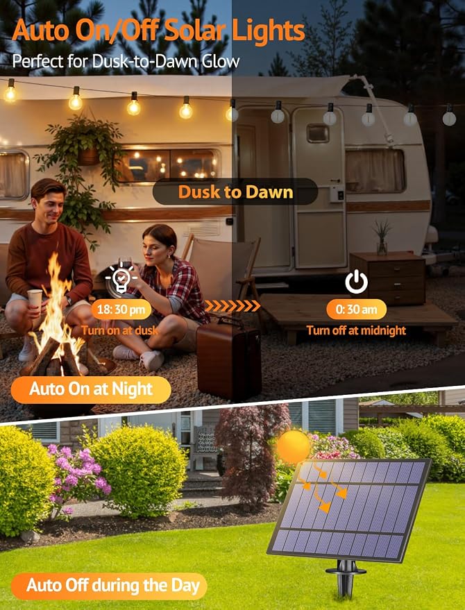 25FT Solar String Lights with Remote, 3 Modes, 11 G40 Bulbs, Black | Solar Powered, Dusk to Dawn, Dimmable, Timer, Memory Function, LED Globe Hanging Lights for Umbrella Gazebo Patio Decor