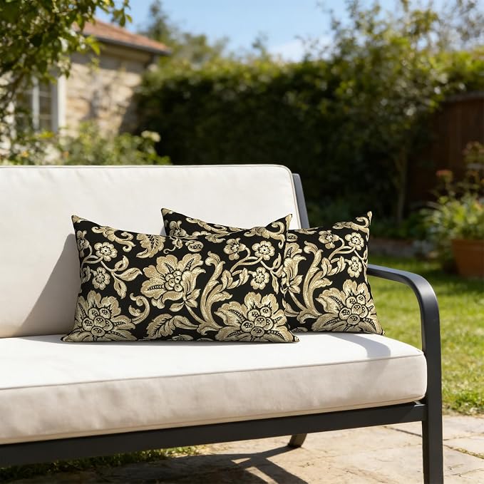 Outdoor Lumbar Pillows with Insert 12x20 Inch, Waterproof Throw Pillow for Patio Furniture, Decorative Lumbar Cushions for Garden Home Sofa Office Chair, Set of 2, Jacobean Black