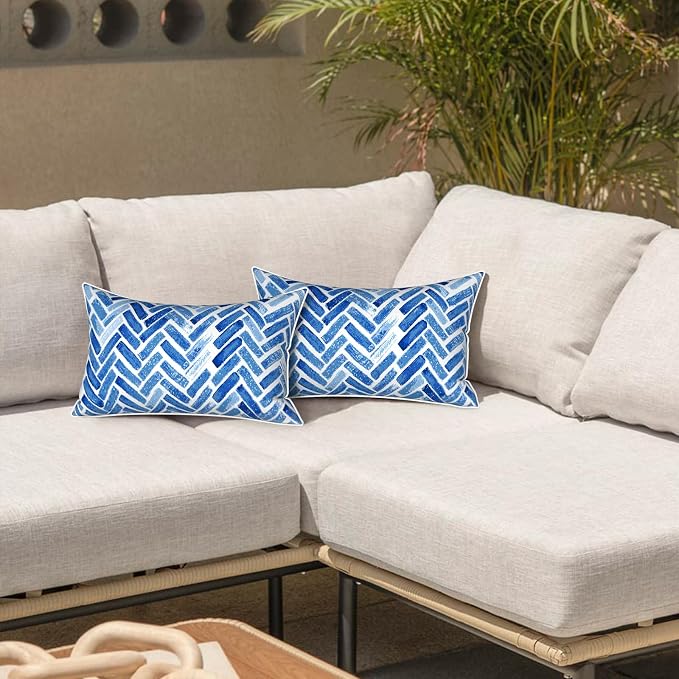LVTXIII Set of 2 Outdoor Lumbar Pillows for Patio Furniture with White Piping, 12"x20" Fade Resistant Patio Lumbar Pillows with Inserts for Home Coach Sofa Use, Blue Bricks