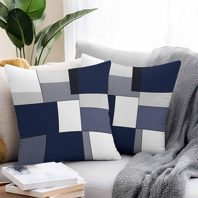 Modern Blue White Grey Plaid Outdoor Pillow Covers 20x20in Pack of 2 Waterproof Pillowcase Abstract Geometric Checkered Decorative Throw Cushion Case for Patio Couch Sofa