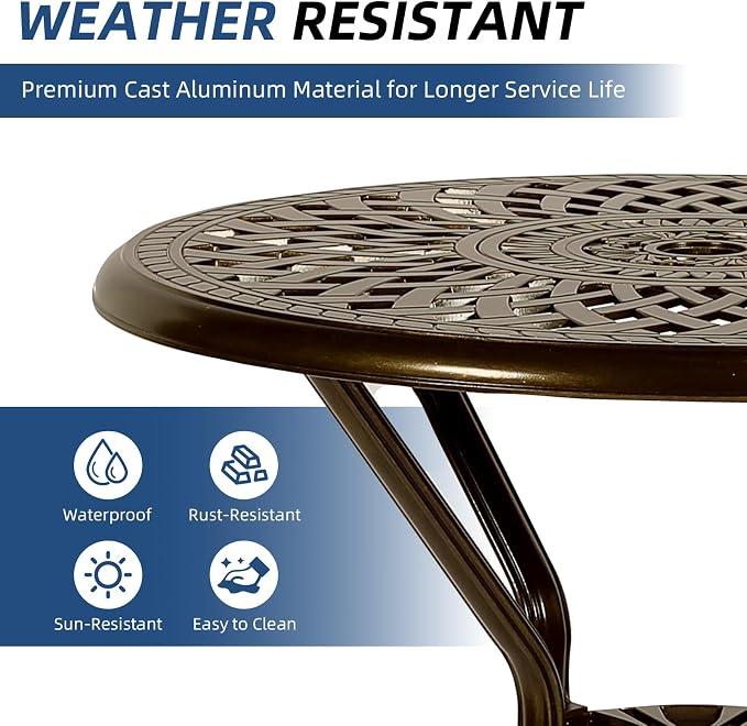 Outdoor Cast Aluminum Bar Table, 31" Patio Bar Height Table with 2" Umbrella Hole, All Weather High Top Bistro Round Dining Table for Outside Deck Porch Balcony Poolside, Dark Bronze