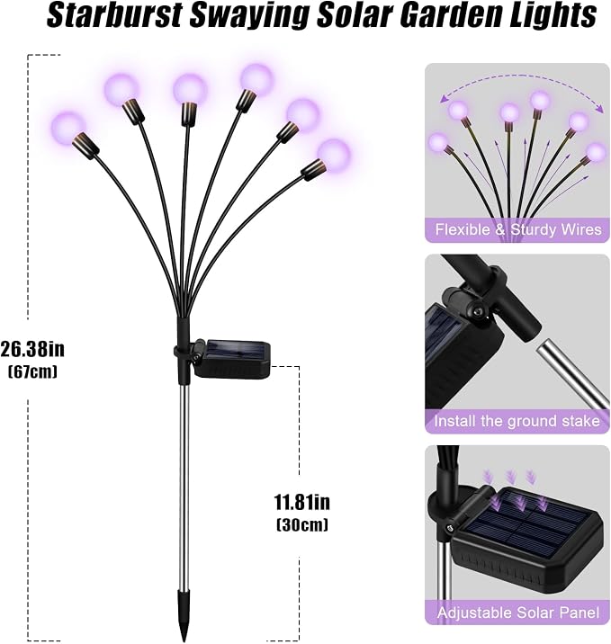 Solar Garden Lights Outdoor Waterproof, Swaying Firefly Light, Garden Decor | 6 Pack Solar Firefly Lights, Auto On/Off Decor for Yard, Patio, Pathway and Lawn, Gifts for Women, Christmas Decor (Purple)