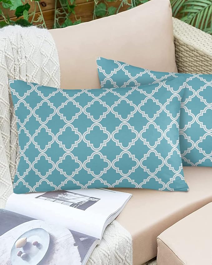 Outdoor Waterproof Pillow Covers for Patio Furniture Moroccan Pattern Decorative Throw Pillow Cover Blue Geometric Trellis Pillowcases Set of 2 Cushion Case for Sofa Couch Chair Home Decor 20x12 inch