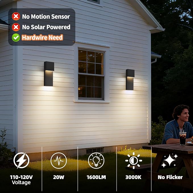 Modern LED Outdoor Wall Sconce, 15'' 20W Outdoor Light Fixture Exterior Wall Lights, Black LED Front Porch Lights Outside Wall Mount Lighting for House, Backyard, Warm White 3000K, 1 Pack