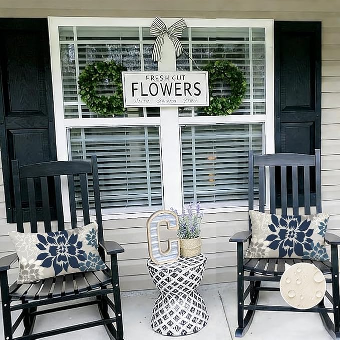 Waterproof Dark Blue Dahlia Floral Outdoor Pillow Covers 12x20 Inch, Decorative Spring Summer Cushion Cases for Living Room Sofa Patio Garden Porch
