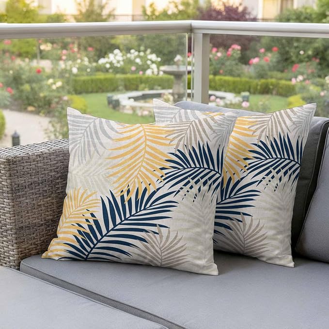 Outdoor Waterproof Throw Pillow Covers, Blue Yellow Palm Leaves Decorative Pillow Cases, Summer Botanical Tropical Leaf Couch Pillow Protector Patio Sofa Cushion Covers Replacement 16"x16" 2 Pack