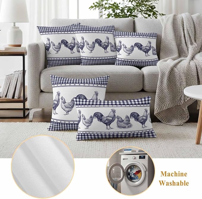 Navy Blue Rooster Outdoor Pillow Covers Waterproof, All Weather Cushion Case Set of 2, Vintage Farmhouse Blue Plaid Decorative Pillowcases for Sofa Couch Bed Decor Patio Furniture 20"x20"